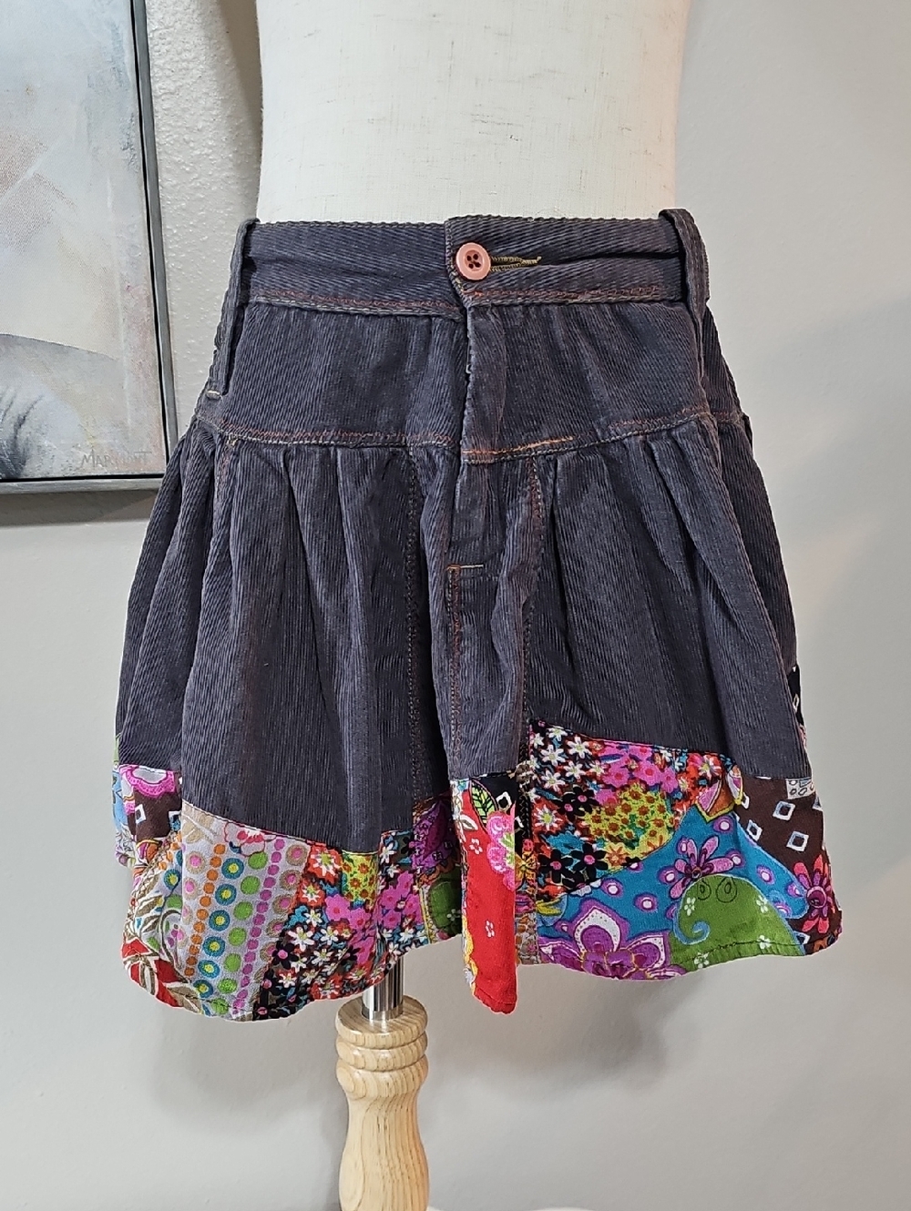 🌸 Mimi & Maggie Boho Patchwork Corduroy Skirt Size S (7/8)